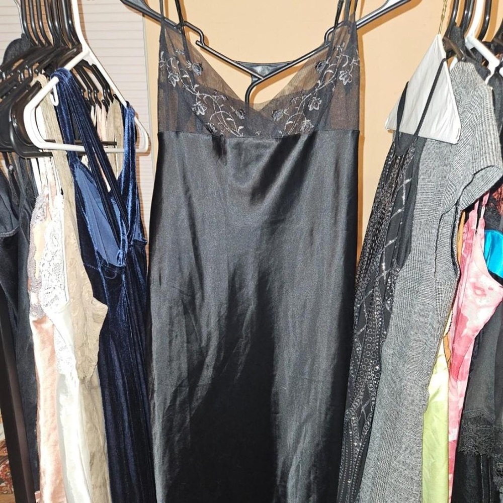 Victoria's Secret Black Satin Lace-Trim Maxi Slip Dress